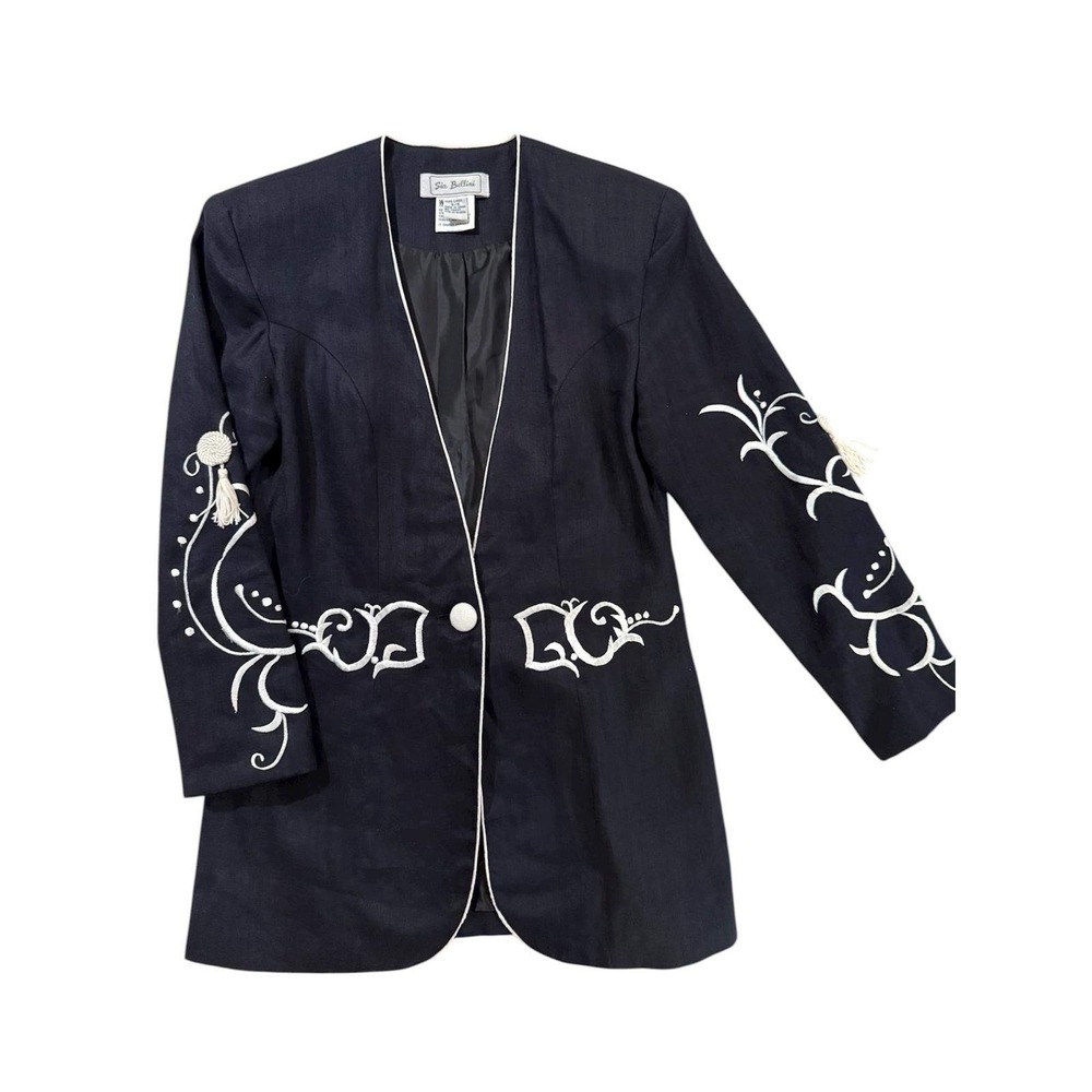 Sia Bellini 100% Linen Embroidered Blazer Jacket‎ Navy Blue White Tassels Sz 5/6